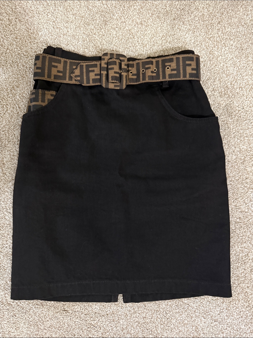 Fendi Black Denim Skirt With Brown Ff Logo Belt